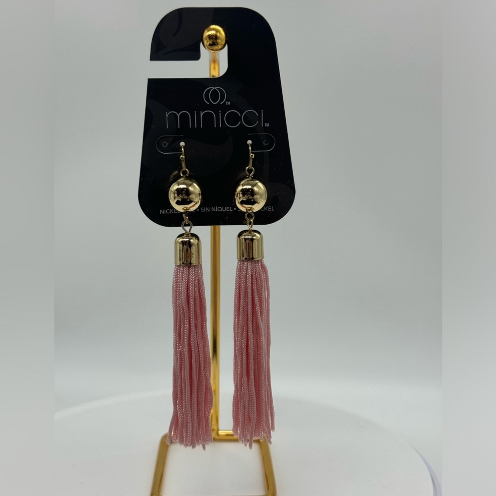 Minicchi Gold Tone Extra Long Pink Tassel Earrings